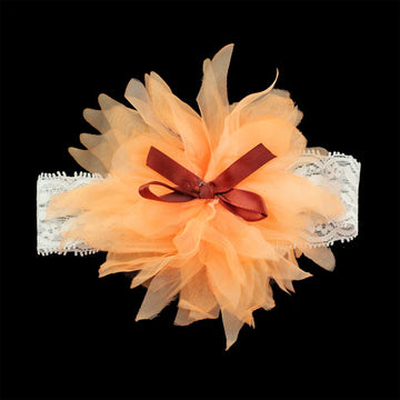 Girls White Lace Stretch Headband with Orange Flower